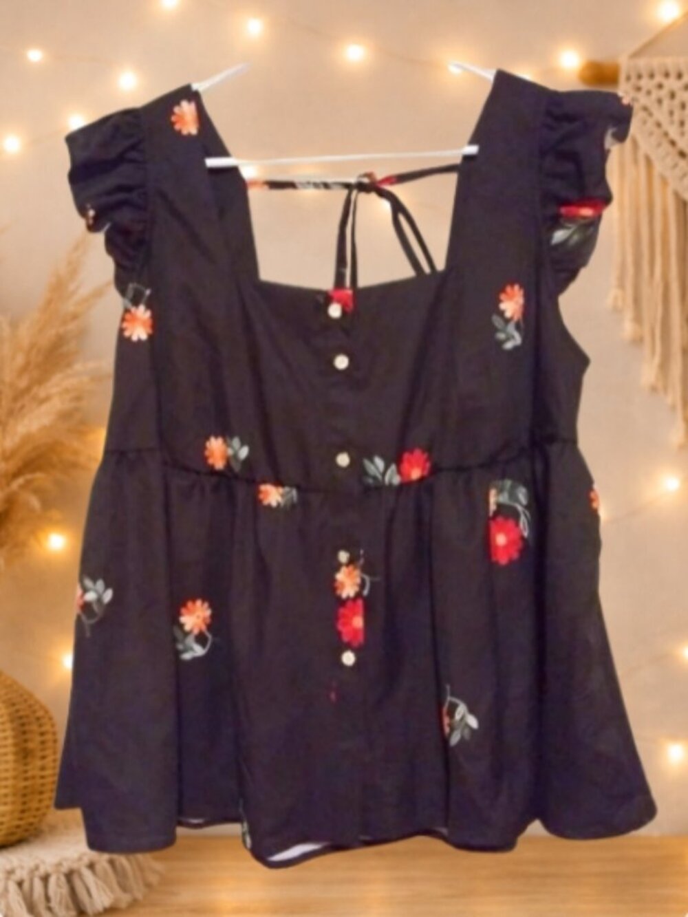 Shein Black Floral Ruffle Sleeve Blouse Top Plus 1XL Coquette Cottagecore Girly